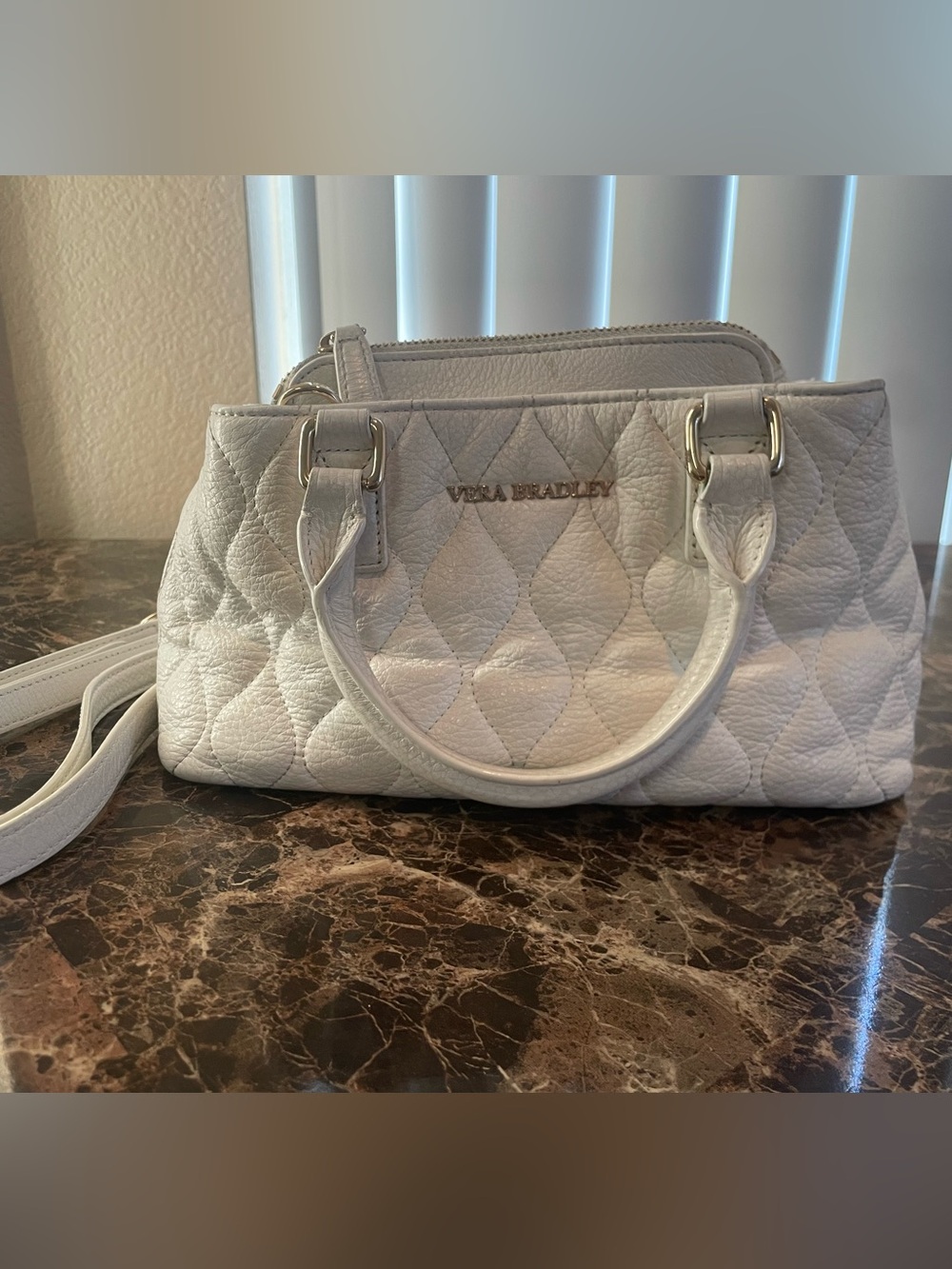 Vera Bradley White Quilted Leather Satchel with detachable strap